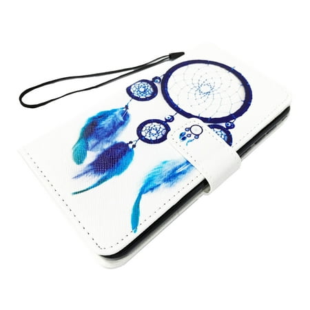 For Alcatel TCL LX A502DL Wallet Pouch Cover Cell Phone Case + Tempered Glass Screen Protector - Blue Dream Catcher