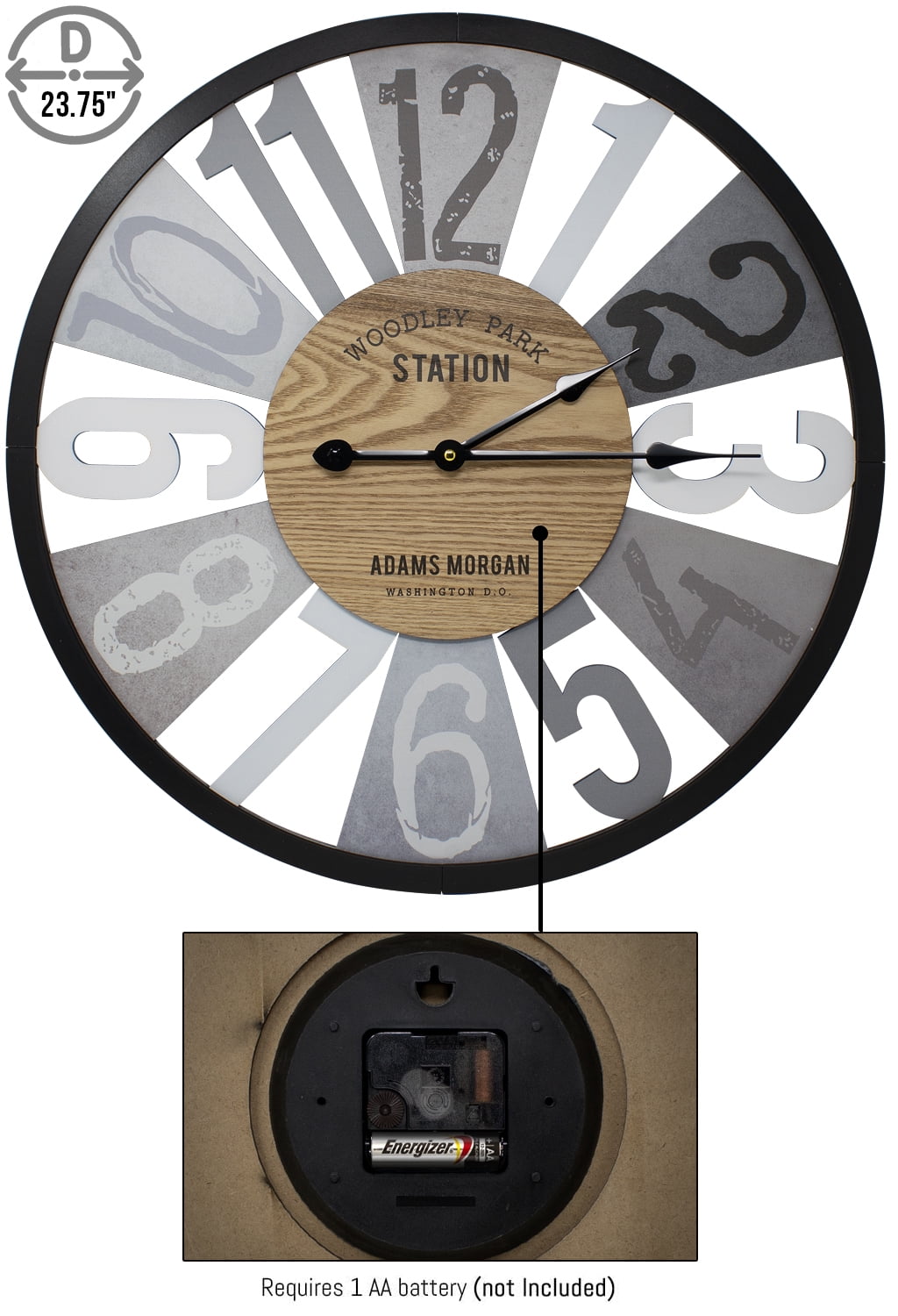 Sorbus Wall Clock Decorative , 24”, Battery Operated, Decorative for Kitchen, Bedrooms, Office Living Room, Silent Analog Clock, Woodley Park Station Text, Rustic Modern Farmhouse Decor, Wooden, Metal