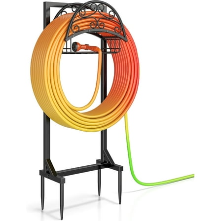 Garden Hose Holder – Freestanding Water Hose Holder with Storage Basket, Sturdy Metal Hose Stand and Hanger, Heavy-Duty Garden Hoses Storage Rack for Outside, Supports 151FT