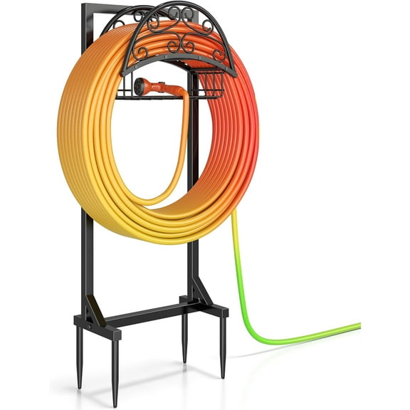 Garden Hose Holder – Freestanding Water Hose Holder with Storage Basket, Sturdy Metal Hose Stand and Hanger, Heavy-Duty Garden Hoses Storage Rack for Outside, Supports 151FT