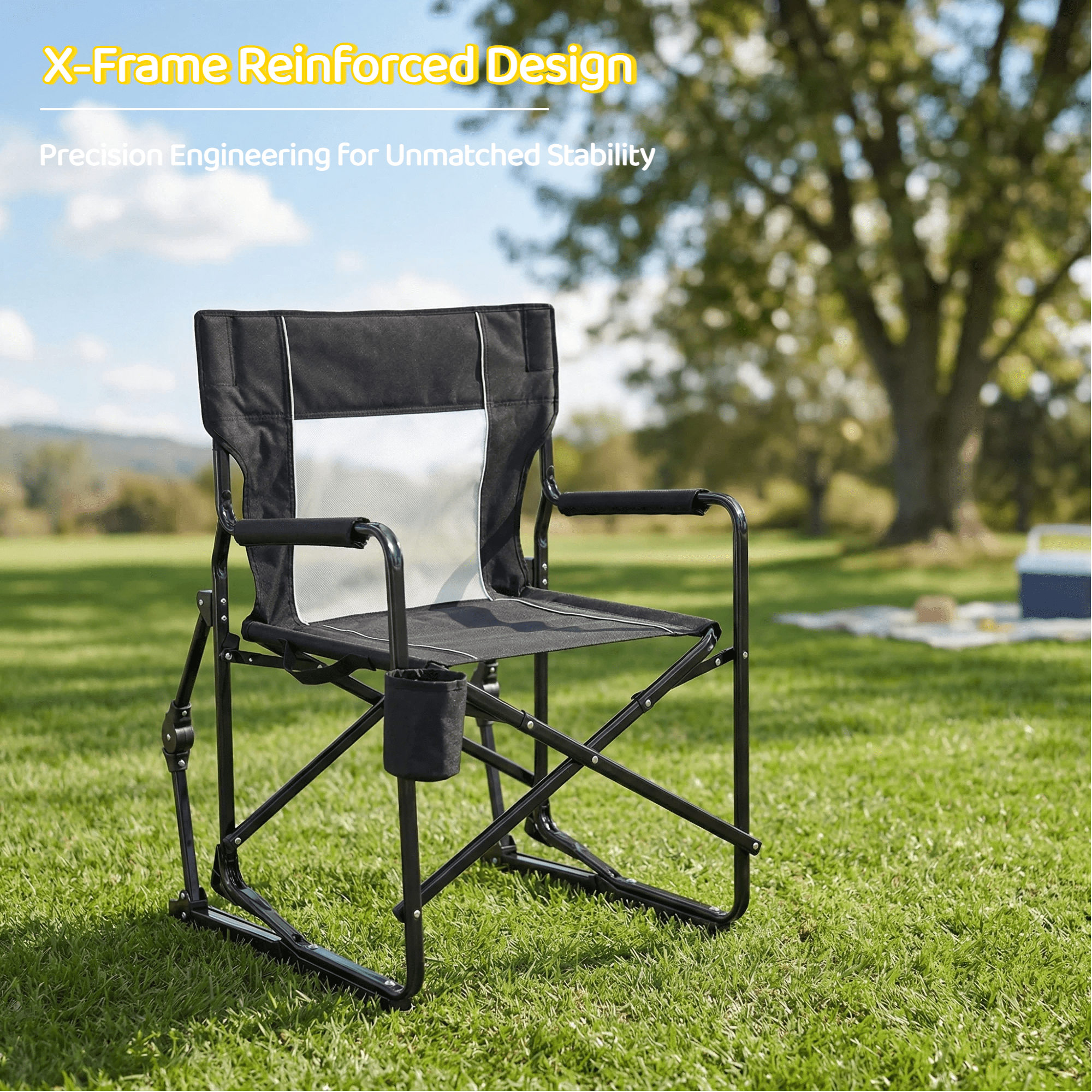 Blazezo Portable Folding Rocking Camping Chair, Outdoor Rocker with Drink Holder, Heavy Duty 400 lb Capacity, Breathable Mesh, for Lawn Patio