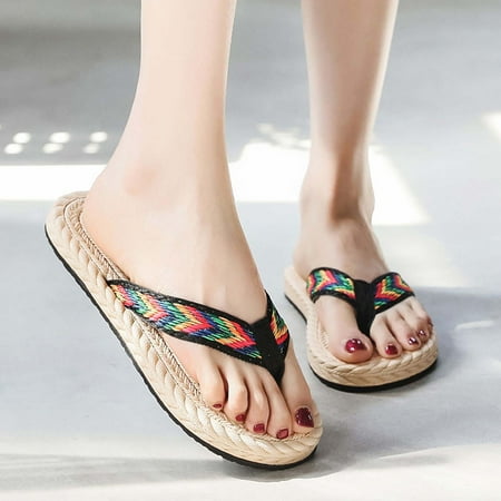 

Dpityserensio Summer Women Seaside Imitation Straw Flip Flops Fashion Flat Beach Flip Flops Sandals for Women Black 8.5(40)