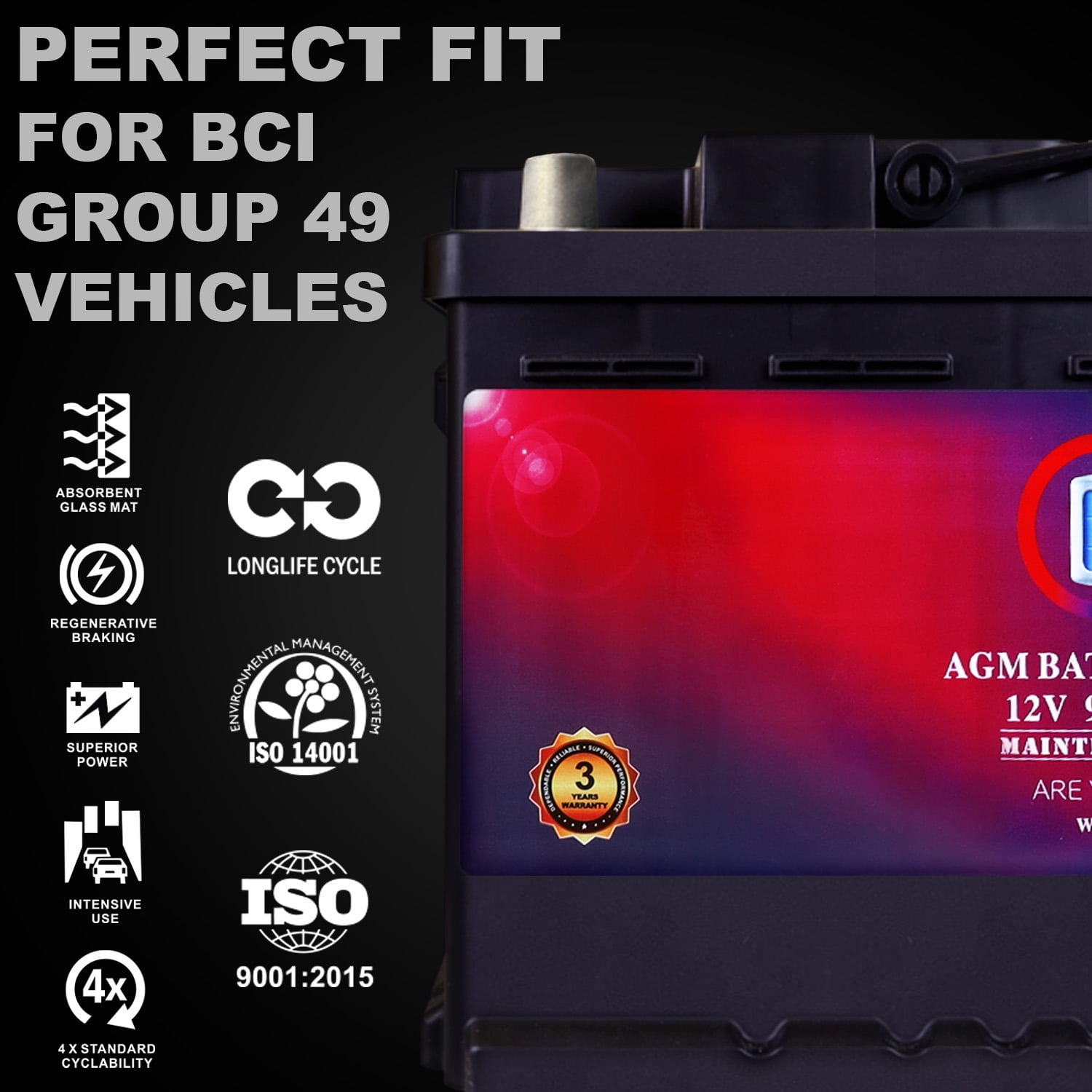 MM-H8 Start and Stop Car BCI Group 49 12V 95Ah, 160RC, 900 CCA Rechargeable AGM Car Battery