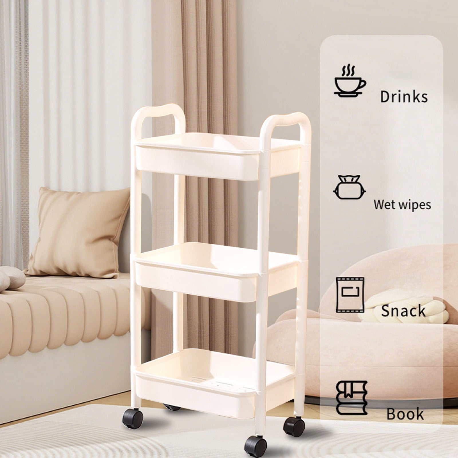Cadorn 1PCS 3-Tier Kitchen Utility Cart with Handles & Wheels,Black/White,Bathroom Storage Organizer for Home,Kitchen,Bathroom,Mobile Shelving Unit for Space-Saving Organization