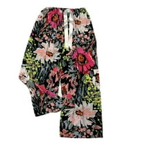 Defitshape Women's Wide Leg Pajama Pants Cute Printed Pjs Bottom Summer Casual Soft Long Pants Loose Fit Stretch Breathable Trousers Black Small-Large