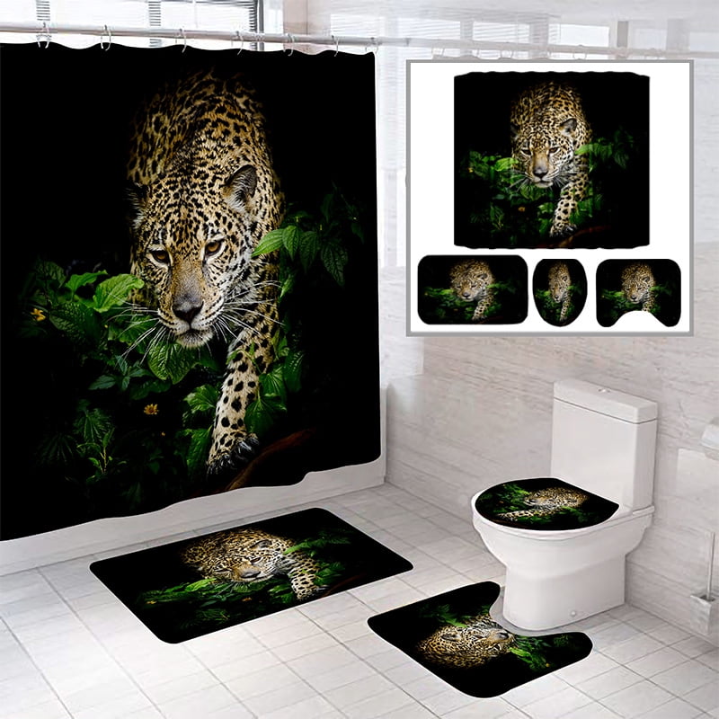 Tiger Printing Bathroom Shower Curtain Non-Slip Bath Mat Toilet Cover Rug Set W 