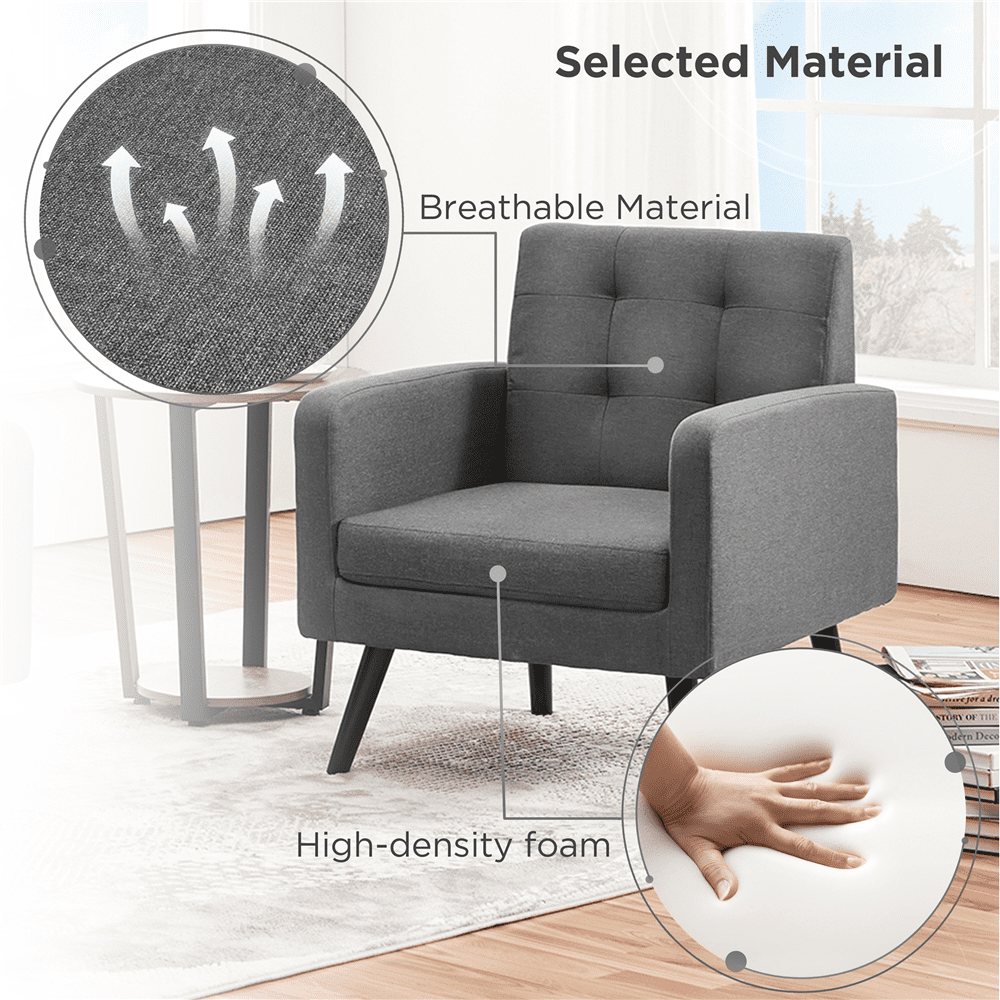Alden Design Mid Century Modern Tufted Accent Chair with Rubberwood Legs, Set of 2, Dark Gray