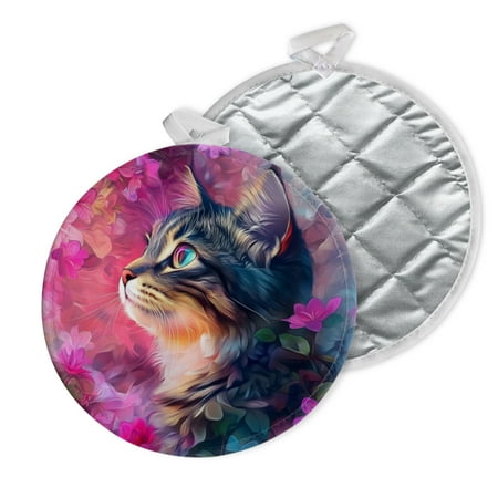 

2 PCS Pot Holders for Kitchen Potholders Sets with Hook for Oven Cooking Baking Delicate - Looking Kitten In Floral Embrace