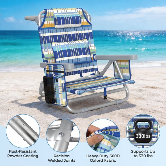 DKMOCO Backpack Beach Chair, Folding Camping Chair for Adults, Portable Outdoor Lounge Chair with Cup Holder for Outside Lawn Patio, 6-Position Reclining Heavy Duty, Rainbow Blue-Orange