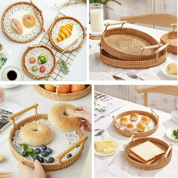 Rattan Tray Round – Woven Serving Basket with Handles – Decorative Tray for Coffee Table, Bread, Fruit, Vegetables, Restaurant & Home Use