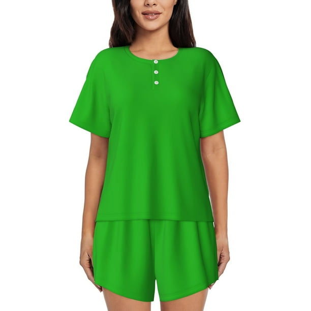 Balery Green Conjunto de Pijama para Mujer con Estampado, Dos Piezas de Manga Corta y Shorts, Ropa de Dormir Suave con Cuello Redondo y Bolsillos-Small