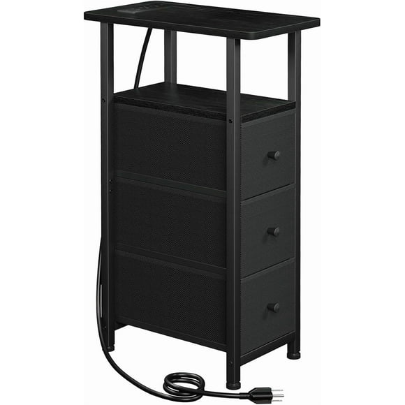 Narrow End Table Living Room with Charging Station, Skinny Side Table with Fabric Drawers, Slim Nightstand for Bedroom, Small Spaces, Couch, Black, HETNDP03BK-1