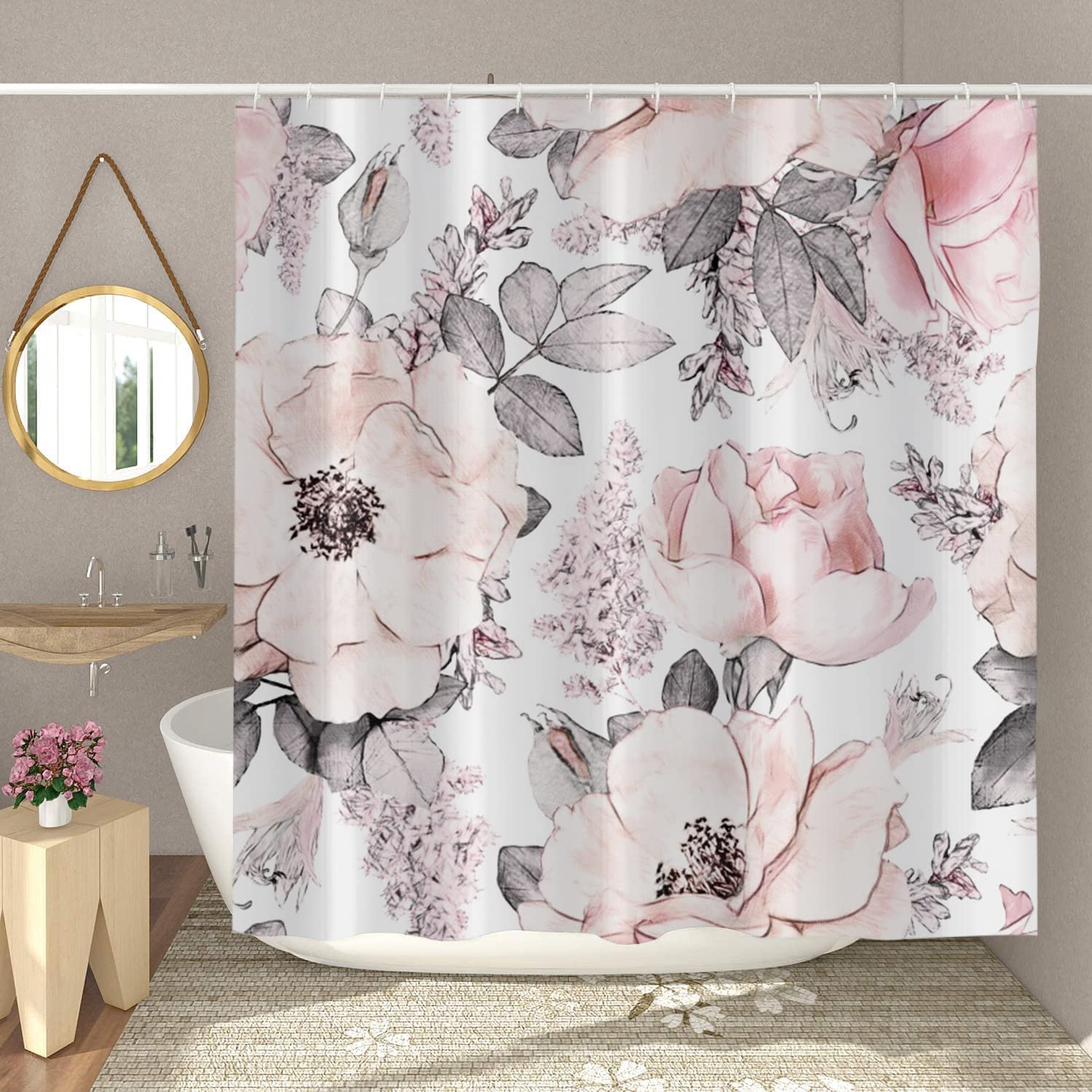 Pink Floral Shower Curtain, Pink and Grey Watercolor Rose Blossom Ink Painting Art Bathroom Curtain for Spring Bathtub Home Decor Waterproof Fabric Machine Washable with 12 Hooks - image 2 of 6