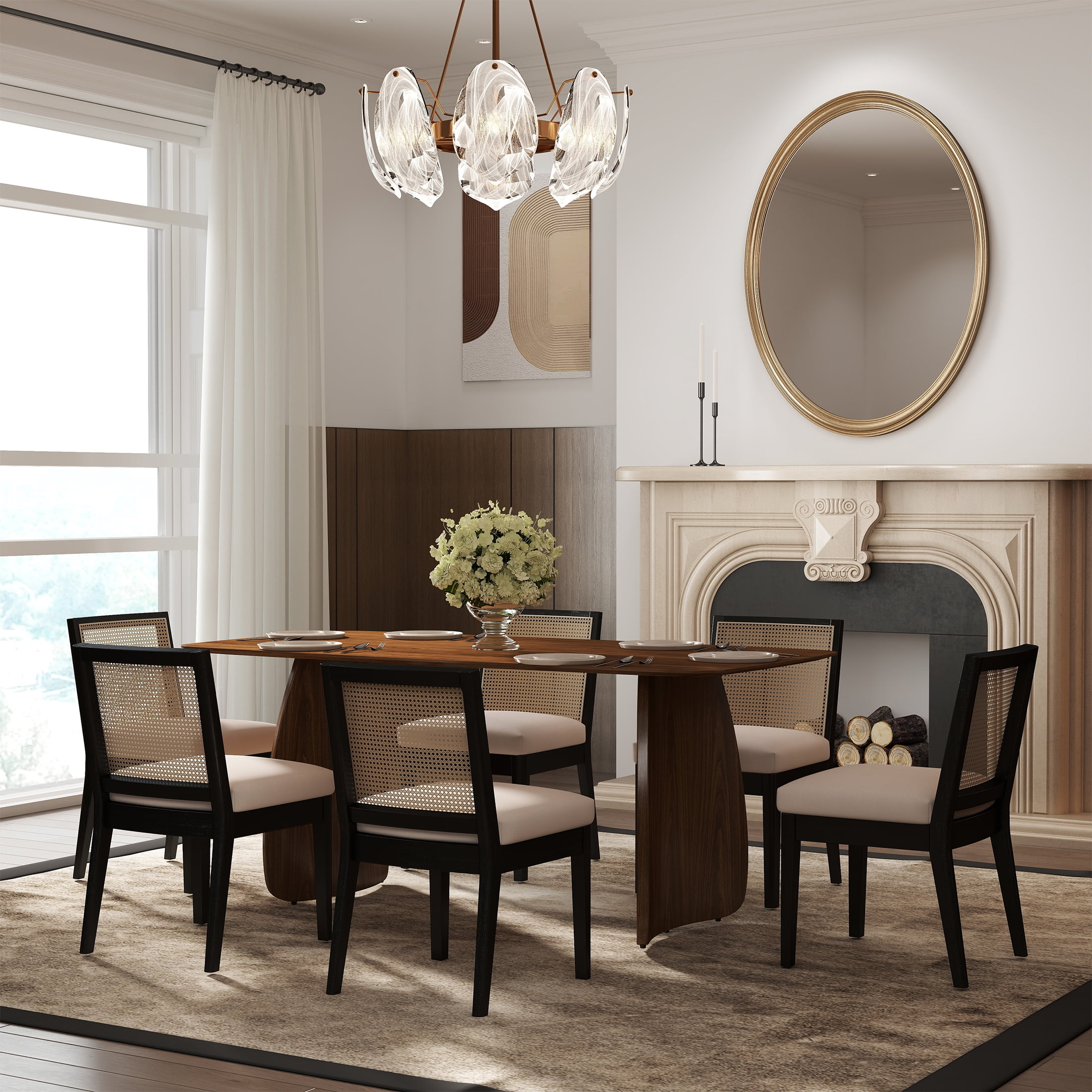 Guyou Farmhouse Rattan Dining Chairs Set of 2, Mid Century Modern Dining Side Chairs with Black Hardwood Frame, Linen Upholstered French Country Kitchen Chairs for Dining Room Bistro, Beige
