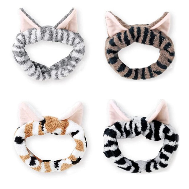4-pack spa-pannband för kvinnor och flickor Caroset frottéhandduk pannband söta kattöron tvätta ansiktet smink hårband accessoarer