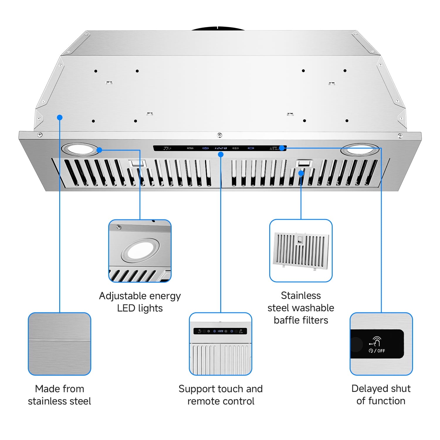 Aobosi 30" Range Hood, 900 CFM Under Cabinet Vent Hood, Stainless Steel Exhaust Fan with Gesture & Remote Control, Time Setting, LED Lights
