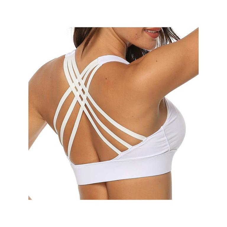 nine bull Women's Strappy Cross Back Sports Bra with Removable Pads for  Yoga Workout White,S 