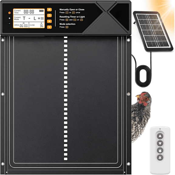 OneAmg Automatic Chicken Coop Door Solar Powered, Remote Control & Timer with LCD Display, Aluminum Alloy Weatherproof Self-Locking Door for Predator Protection