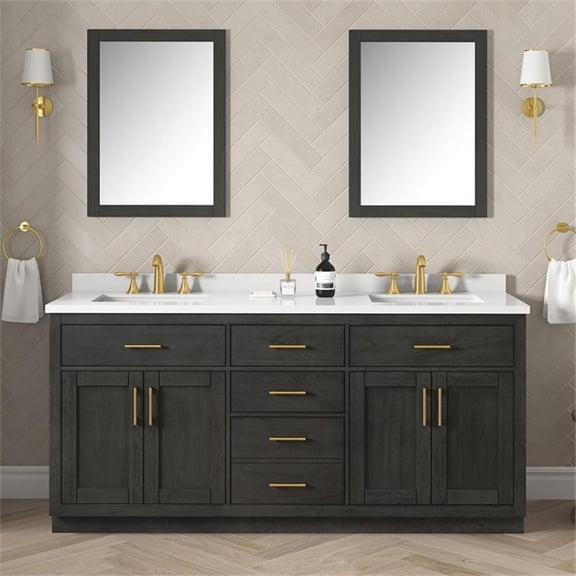 Pemberly Row 72" Double Bathroom Vanity in Black Wood with White Countertop