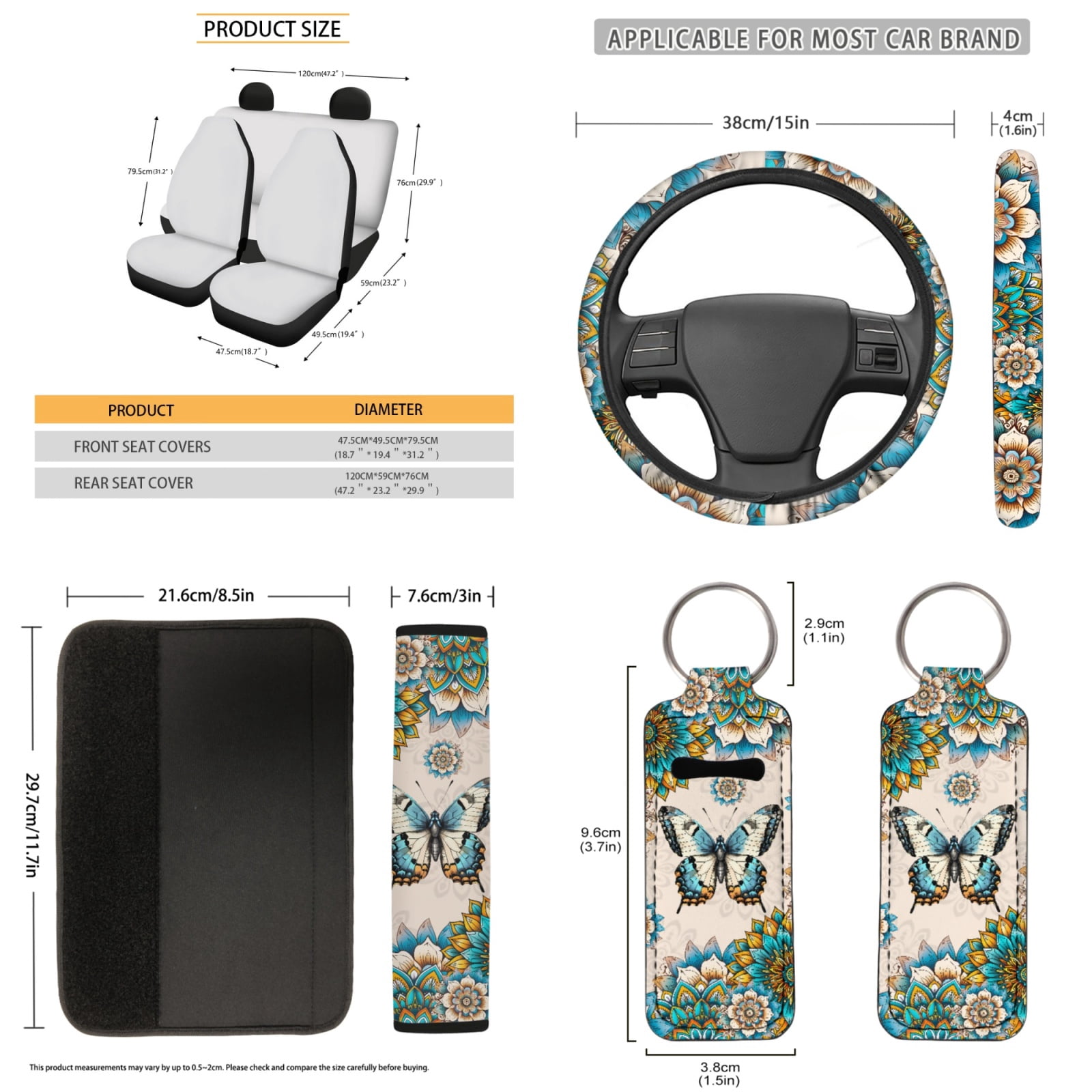Jeiento Butterfly Car Seat Covers Set of 13 Car Seat Belt Pad Cover Dahlia Steering Wheel Cover Car Trash Can Rear View Mirror Cover Car Cup Coasters Keychains Chapstick Holder Universal Fit