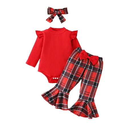 

Zhuashum Girls Outfits Infant Long Sleeve Christmas Ribbed Romper Bodysuit Plaid Bottoms Pants Outfits Sweatsuit Red 9-12 Months