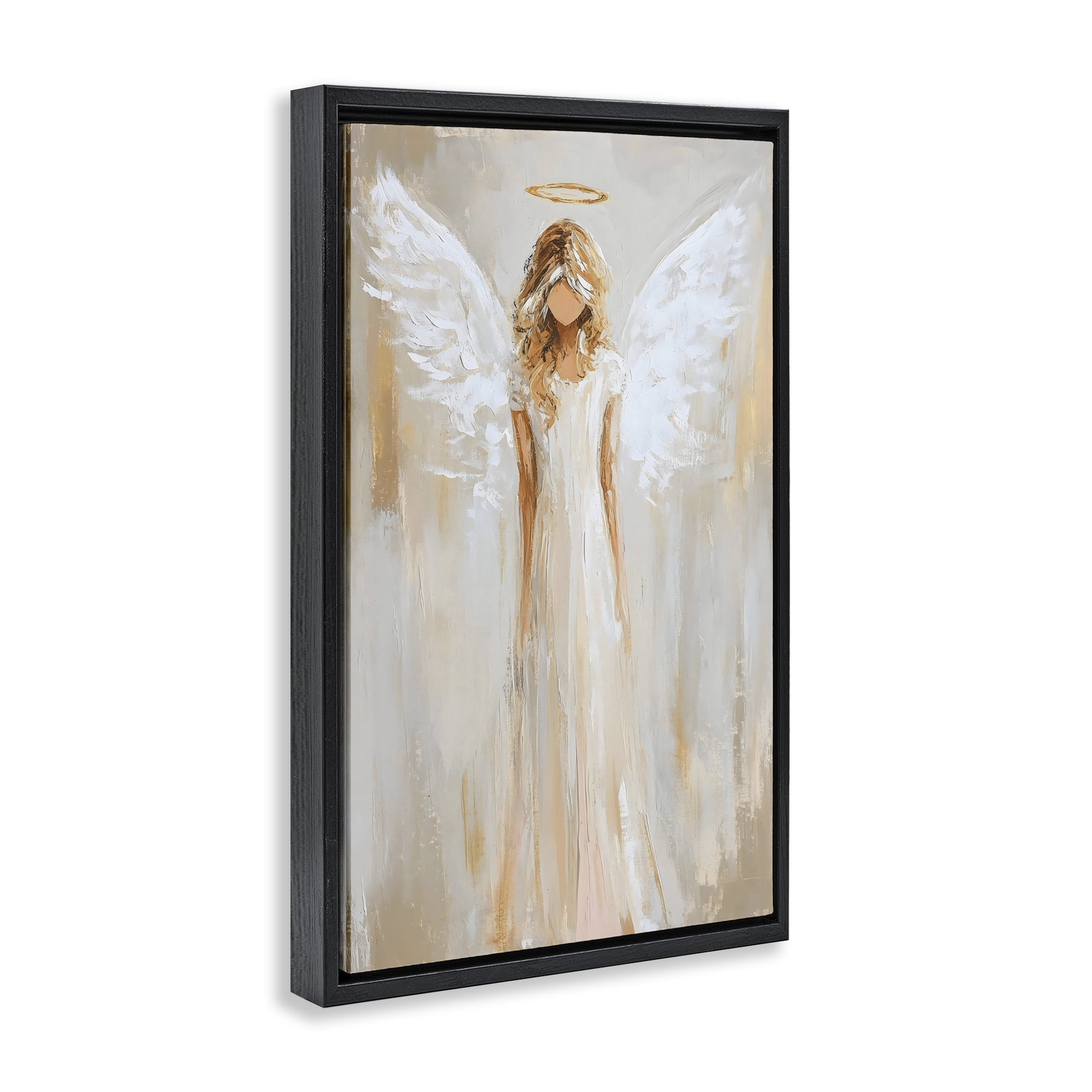Divine White Robe Angel Black Framed Floater Canvas Wall Art, design by Petal Prints Design