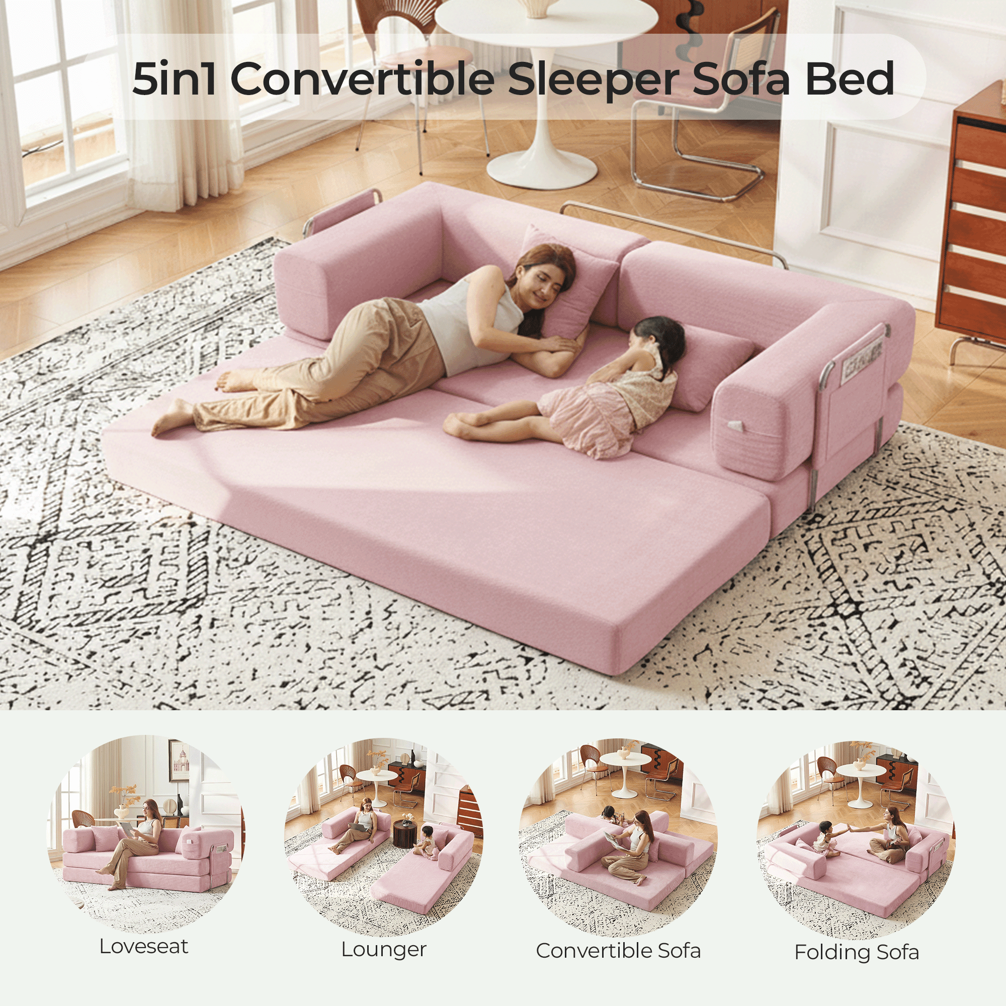 79" Convertible Sofa Bed ,CARZZI LIFE Compressed Floor Boneless Couch Modular Corduroy Sleeper Sofa, Folding Mattress Couch for Small Spaces - No Assembly Needed in Pink with Storge