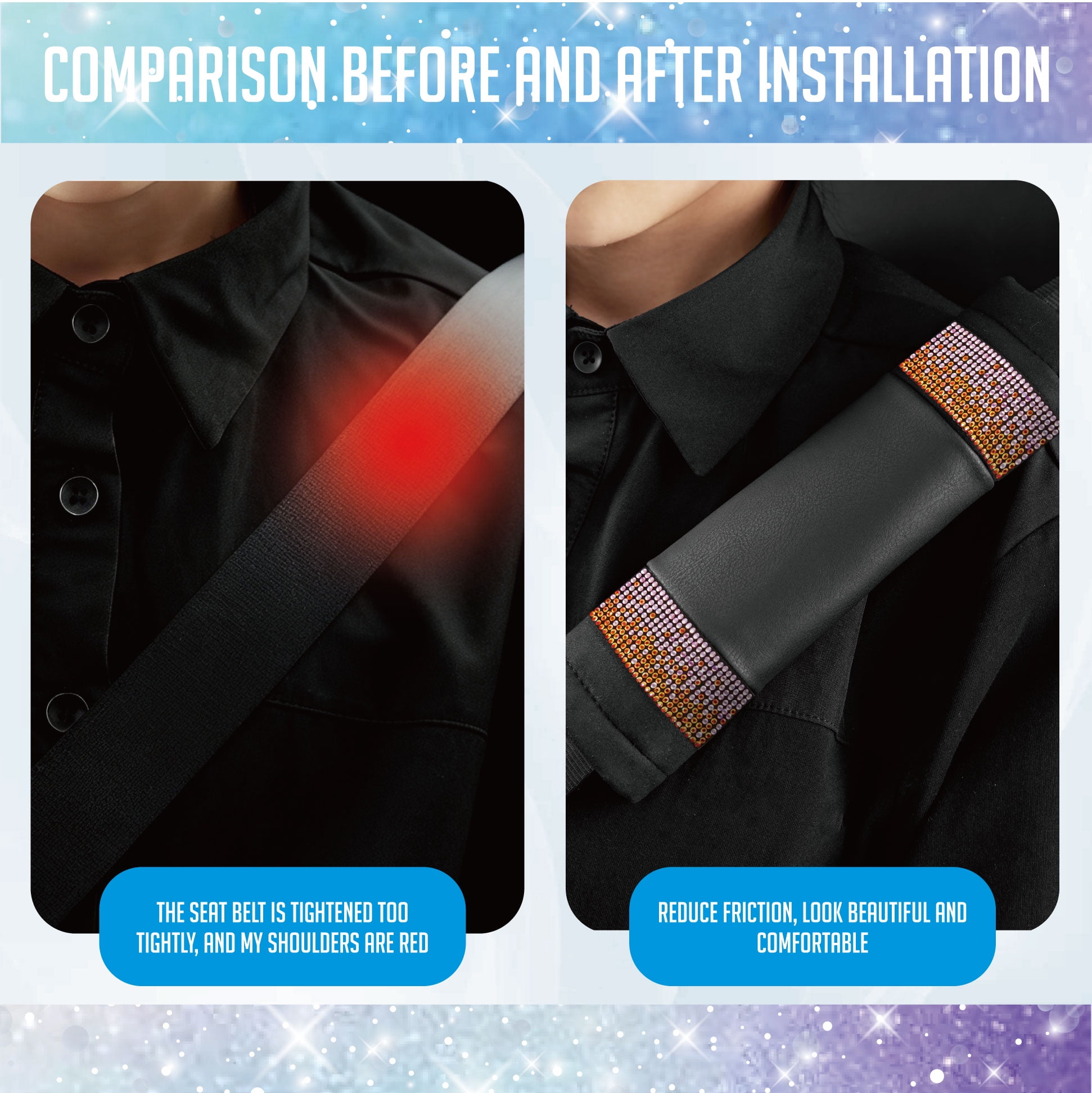 Auto Drive Bling Diamond Seat Belt Pads, 2-Pack Soft Shoulder Strap Covers, Universal Fit for Cars, SUVs Pink Orange