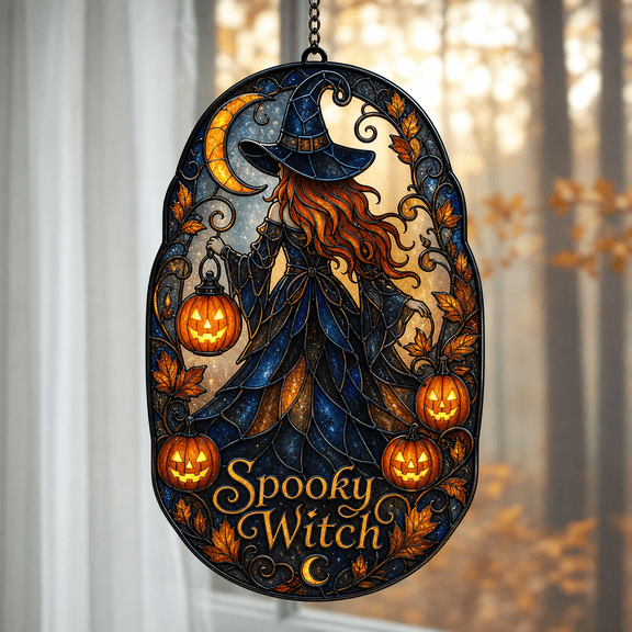 Suncatcher Personalized Halloween Witch Stained Glass Style Window Hanging for Witch Lovers