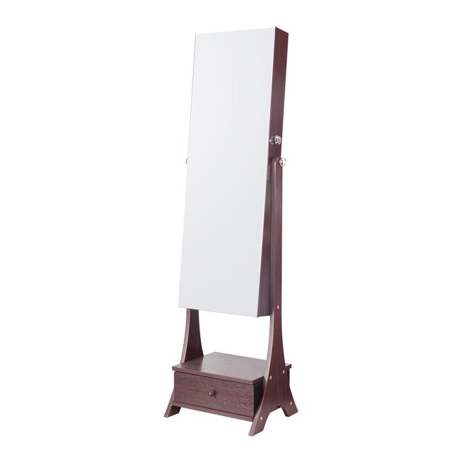 KFFKFF Porte-Bijoux Miroir, Rangement Vertical Miroir, Armoire à Bijoux Sécurisée avec Intérieur en Velours, Éclairage LED, Tiroir, Garde-Robe Indépendante, Marron