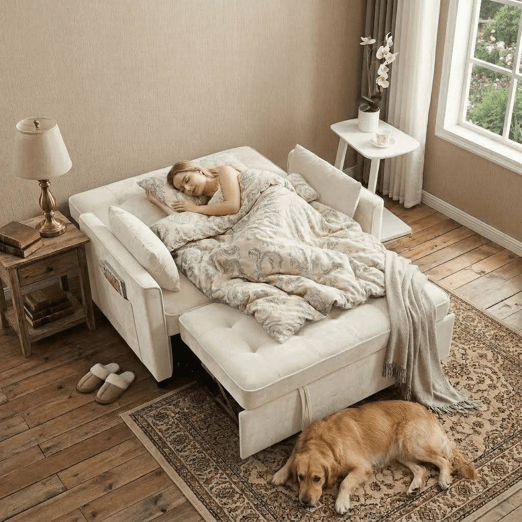 Howcool 55" Convertible Sofa Bed Pull Out Couch Sleeper Sofa with Adjustable Backrest USB Charging Ports Side Pocket Terry Cloth Fabric for Living Room Small Spaces,Beige