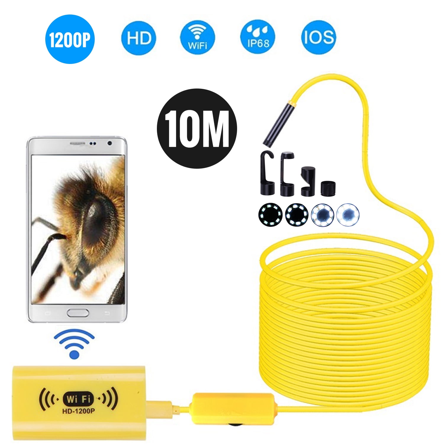 3.5M Hard Wire 2.0MP HD 8 LEDs Yellow 8mm Wireless Industrial Protable Endoscope Camera WiFi Inspection IP68 Waterproof Semi-Rigid Cable Borescope for iPhone/iPad/Android/PC 3.5M Hard Wire 2.0MP HD 8 LEDs Yellow 8mm Wireless Industrial Protable Endoscope Camera WiFi Inspection IP68 Waterproof Semi-Rigid Cable Borescope for iPhone/iPad/Android/PC