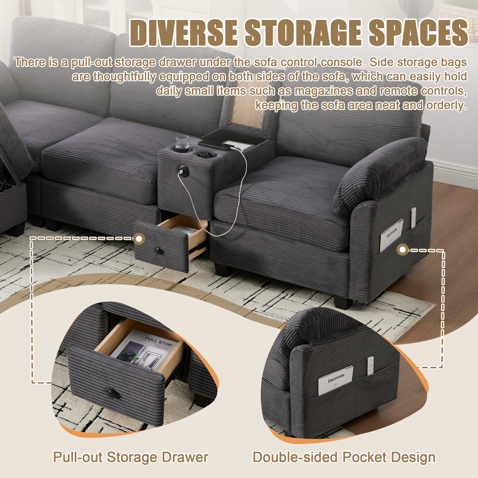 MOONMISS Corduroy Upholstered L-Shaped 4-seater Storage Multifunctional Sectional Sofa with Storage Ottoman-Dark Grey