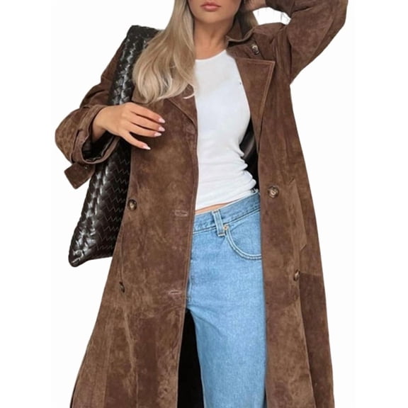 Womens Faux Suede Long Trench Coat Notched Lapel Double Breasted Pea Coat Overcoat with Belt Light Brown M