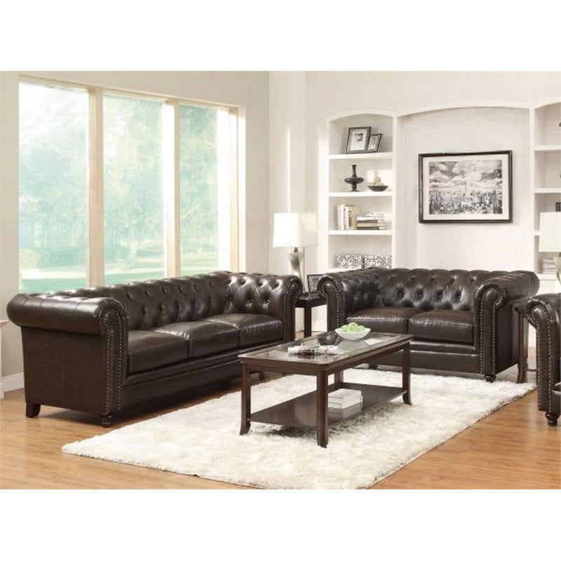 Piece Leather Sofa Set In Dark Brown, Leather Tufted Sofa Set