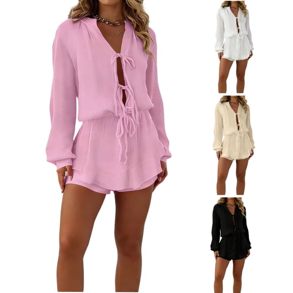Miluxas Women's Summer Cute Tie Front Romper -Long Sleeve V-Neck Loose Fit Short Jumpsuit Lightweight Comfy Solid Beach Trip Outfits White