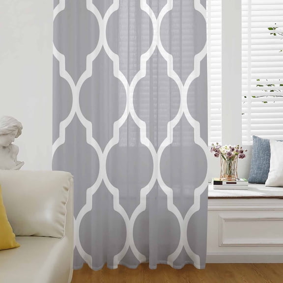 Moroccan Grey Semi Sheer Curtains Drapes for Living Room, Bedroom, French Doors Window 72 Inches Long, Modern Abstract Geometric Minimalist Rod Pocket Chiffon Curtain Drapery Voile Draperies Panel
