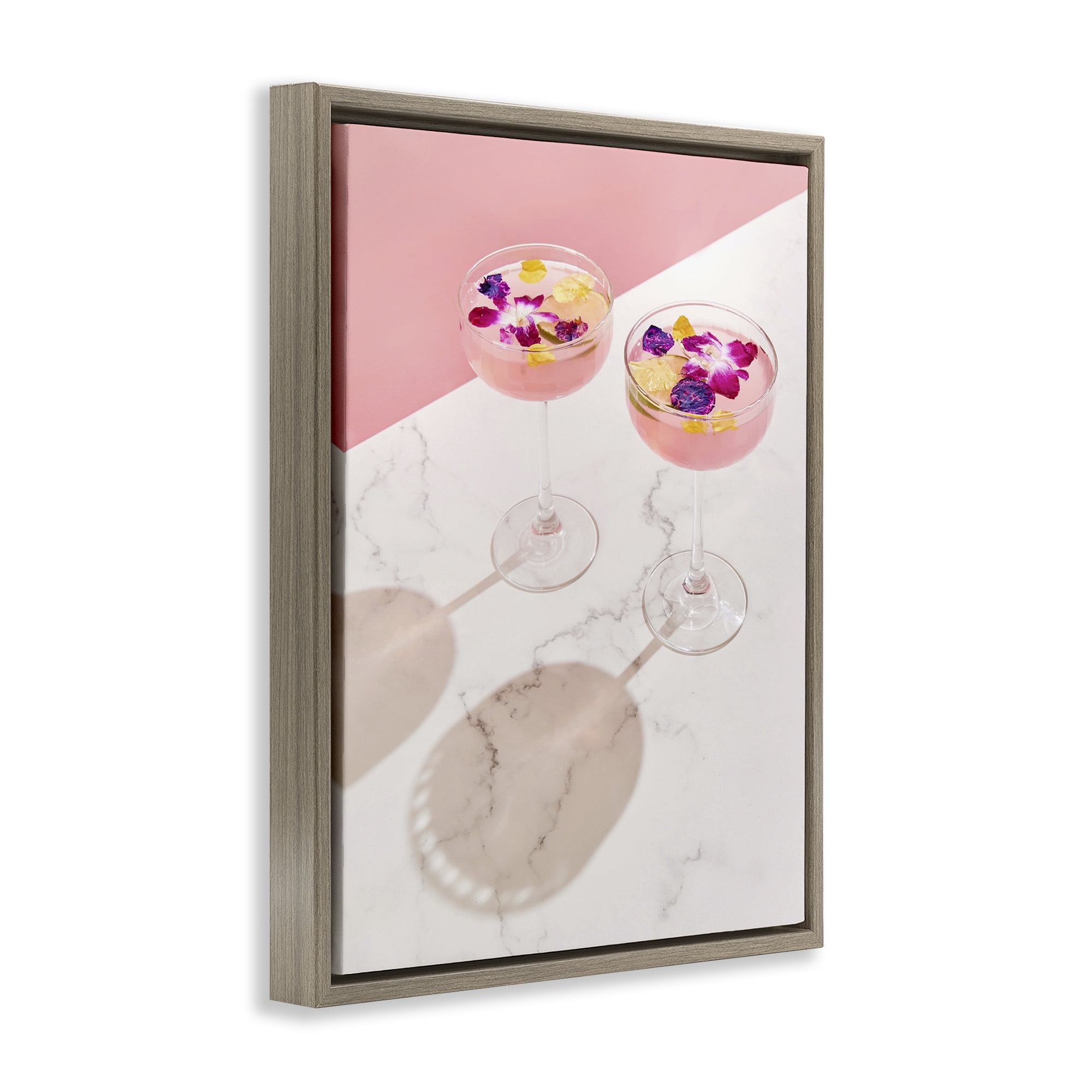 Stupell Industries Pink Floral Cocktails Food & Beverage Painting Brown Floater Framed Art Print Wall Art, 17 x 21