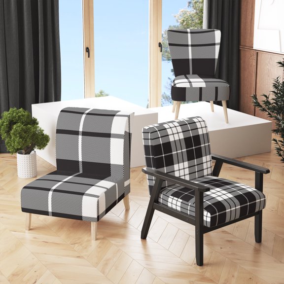 Designart "Black and Silver Checked Tartan" Upholstered Patterned Accent Chair and Arm Chair