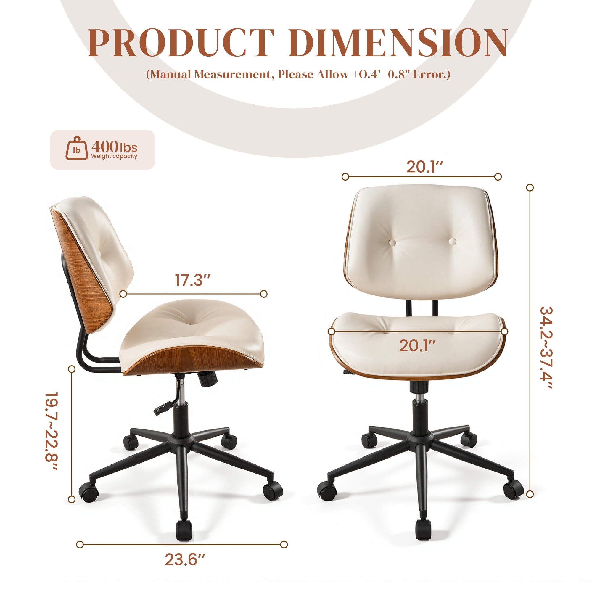 XIZZI Home Office Chair, Armless Mid-Century Ergonomic Desk Chair with 3" Thick Cushion, Premium PU Leather Mid Back 360 Swivel Computer Chair with Walnut Design, Button-Tufted White