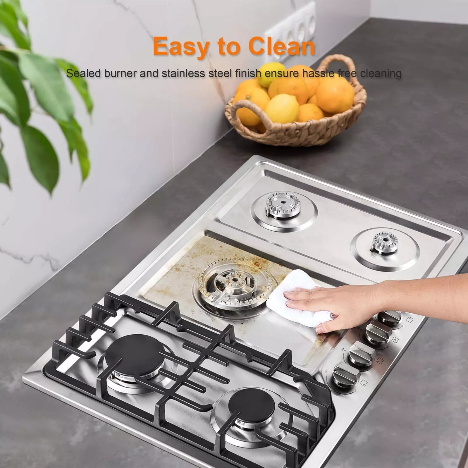 AMZGACHFKTCH 5 Burners Gas Cooktop Stainless Steel Reversible Grill