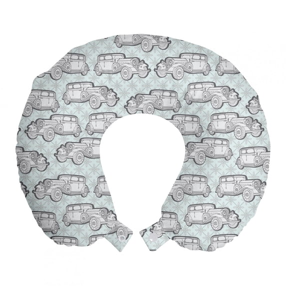 Vintage Travel Pillow Neck Rest, Retro Cars Pattern on Floral Damask Background Automobile Fashion Art, Memory Foam Traveling Accessory Airplane and Car, 12", Pale Blue Dust and White, by Ambesonne
