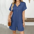 thumbnail image 2 of Caywon Women Solid Color Turn Down Collar Short Sleeve Button Front Pockets Detail Short Jumpsuit One Piece Romper Comfortable Lightweight Fabric Smart Casual Style Blue XL, 2 of 9