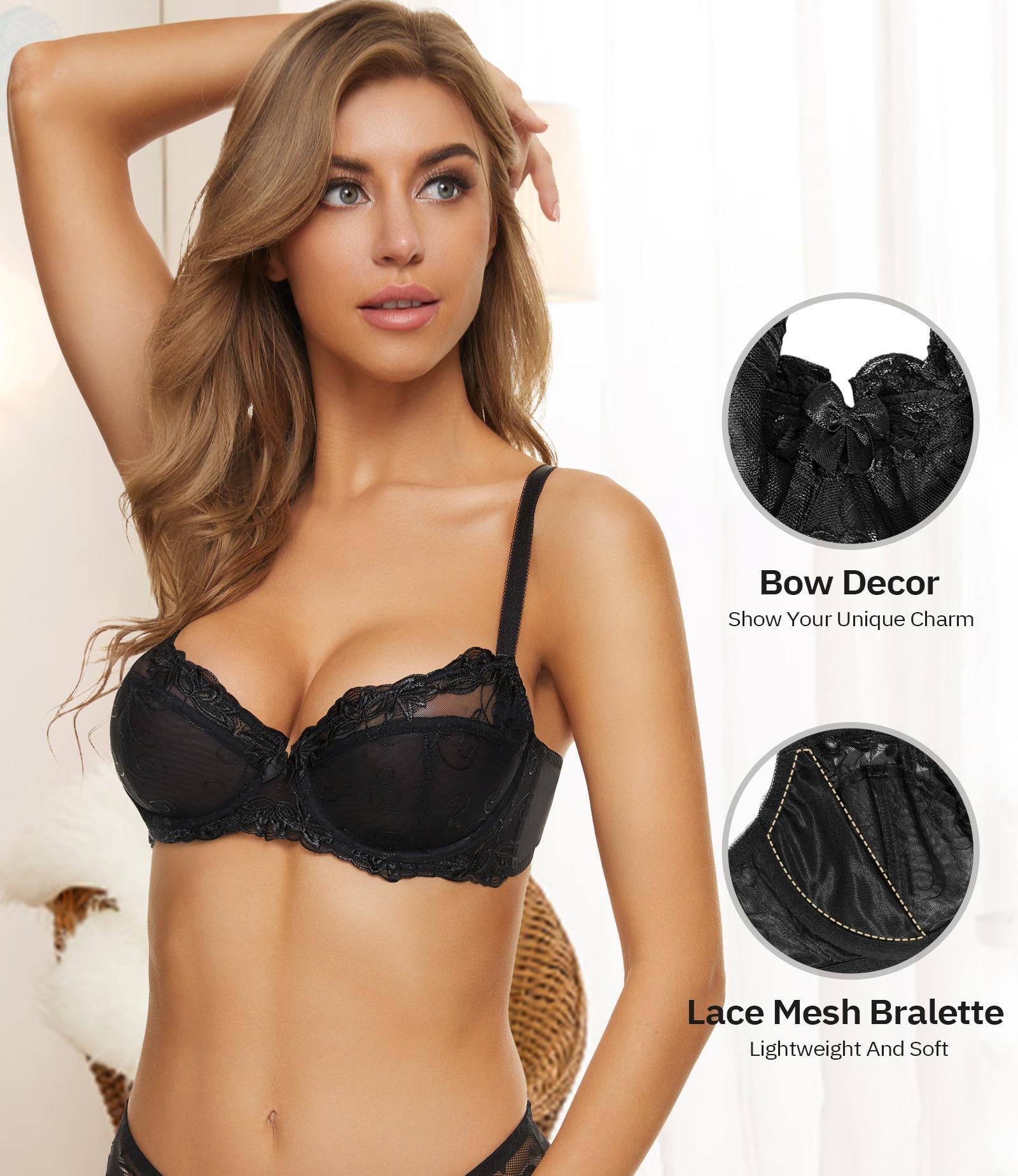 Wingslove Women's Push Up Bra Sexy Lace Balconette Plus Size Full Cup Unpadded Underwire See Through Bra,Black 36DD