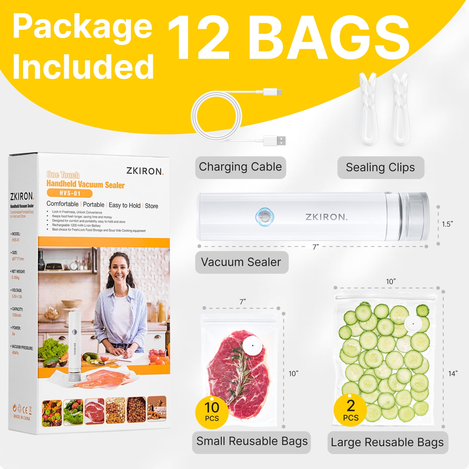ZKIRON Handheld Vacuum Sealer for Food - Cordless Portable Food Sealer with 12 Reusable Vacuum Bags, Compact Food Saver for Sous Vide, Meal Prep & Kitchen Storage, One-Touch Freshness Preservation