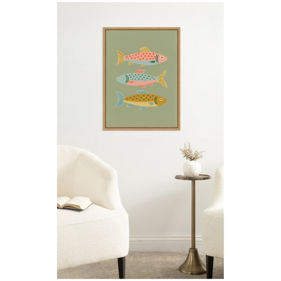 Kate and Laurel Framed Canvas Wall Art Print Fishes by Laura Moss, 18 x 24 Sylvie Natural Frame, Whimsical, Animal Art for Wall Decor