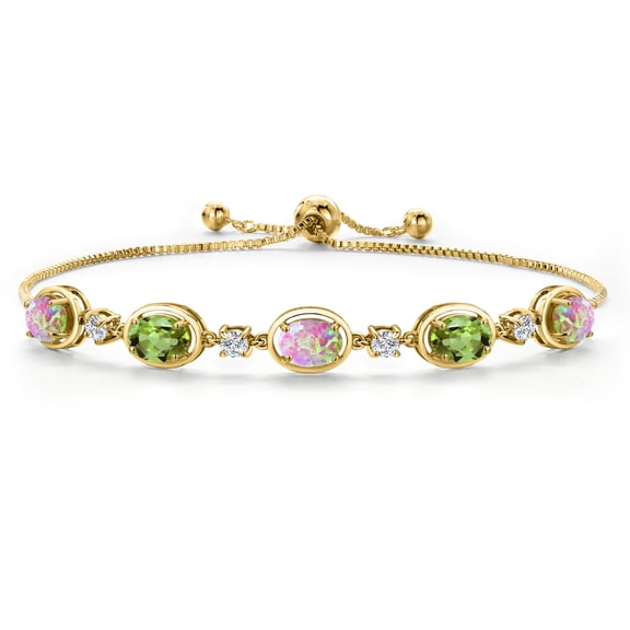 18K Yellow Gold Plated Silver Simulated Pink Opal and Green Peridot and Moissanite Tennis Bracelet for Women | 3.69 Cttw | Gemstone October Birthstone | Oval Cabochon 7X5MM | Fully Adjustable 10 inch