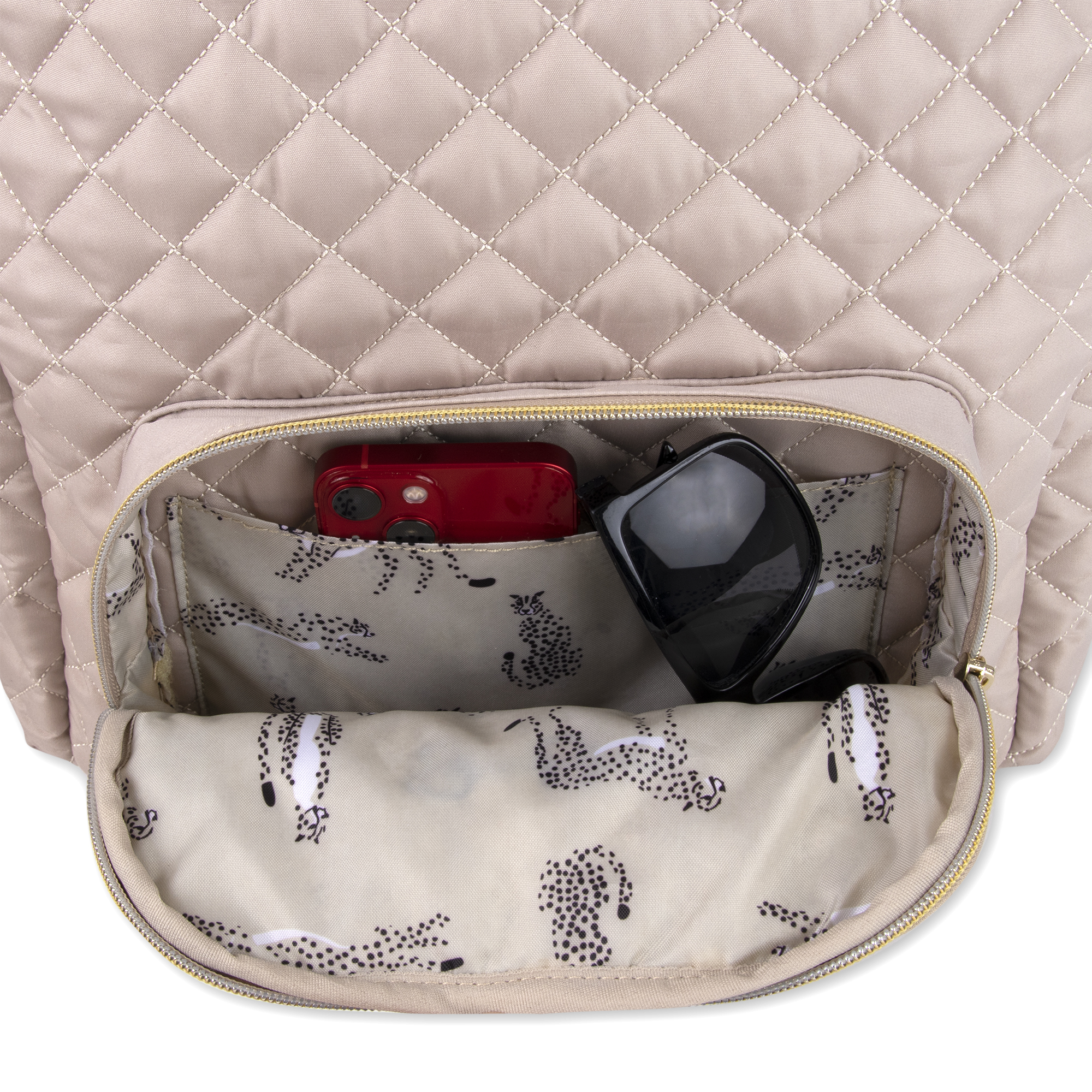 Jessica Simpson Taupe Diamond Quilted Multi-Pocket Dual Zipper Closure Fashion Diaper Bag Backpack with Running Cheetah Print Interior, Matching 3-Ply Folding Baby Changing Pad