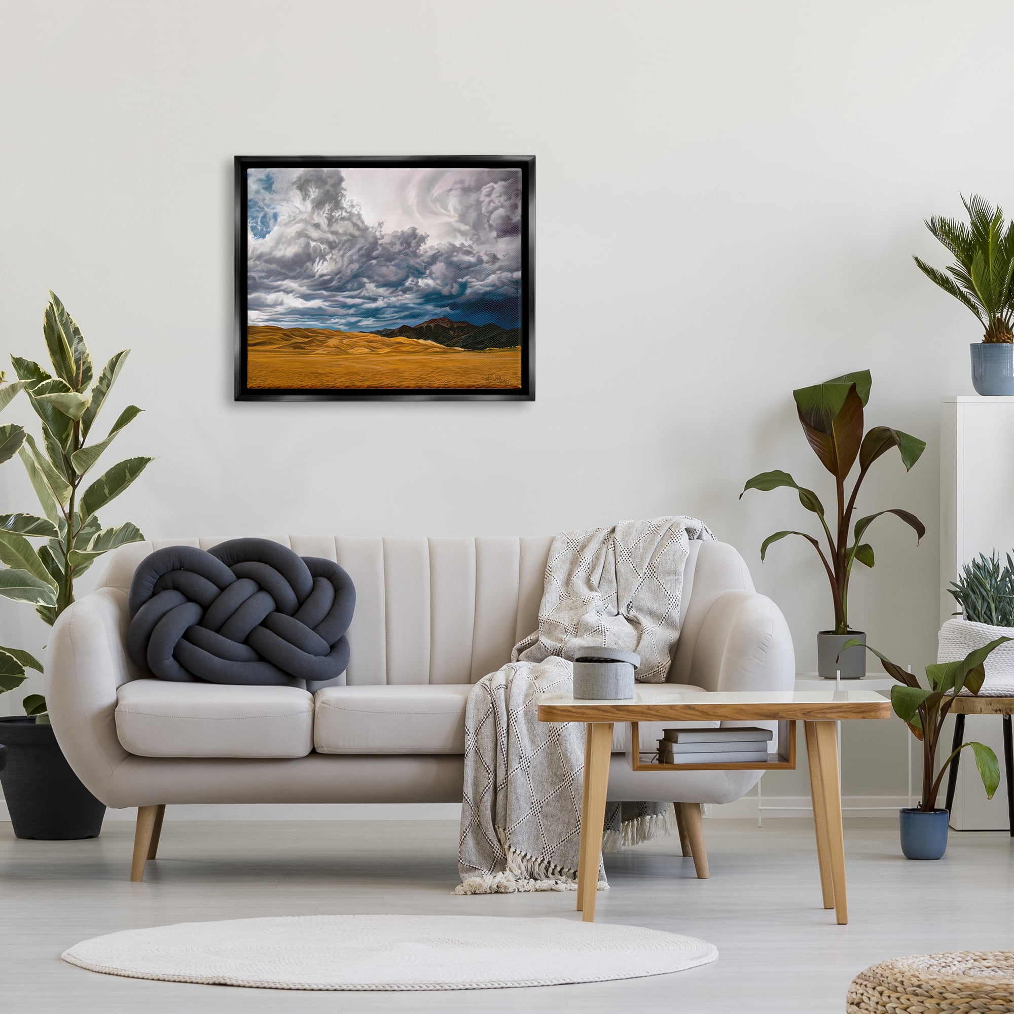 Stupell Industries Cloudy Sand Dunes Landscape Painting Black Floater Framed Canvas Art Print Wall Art, 31 x 25