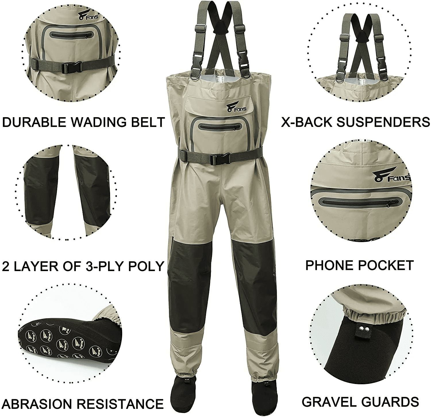 8 Fans Waist Waders,3-Ply Durable Breathable Waterproof Stockingfoot  Insulated Wading Pants for Mens & Womens